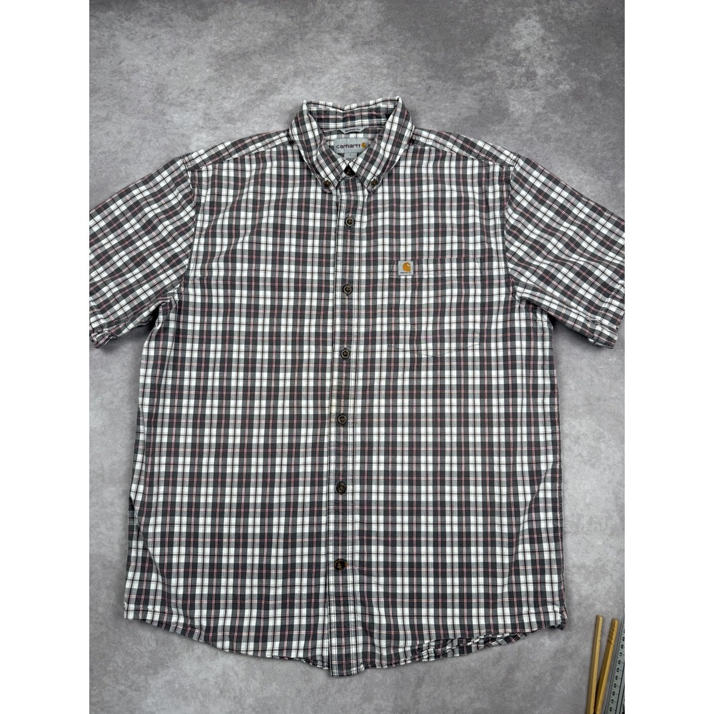Carhartt Shirt Mens Large Gray Red Plaid Button‎ Down Relaxed Fit Cotton Pocket